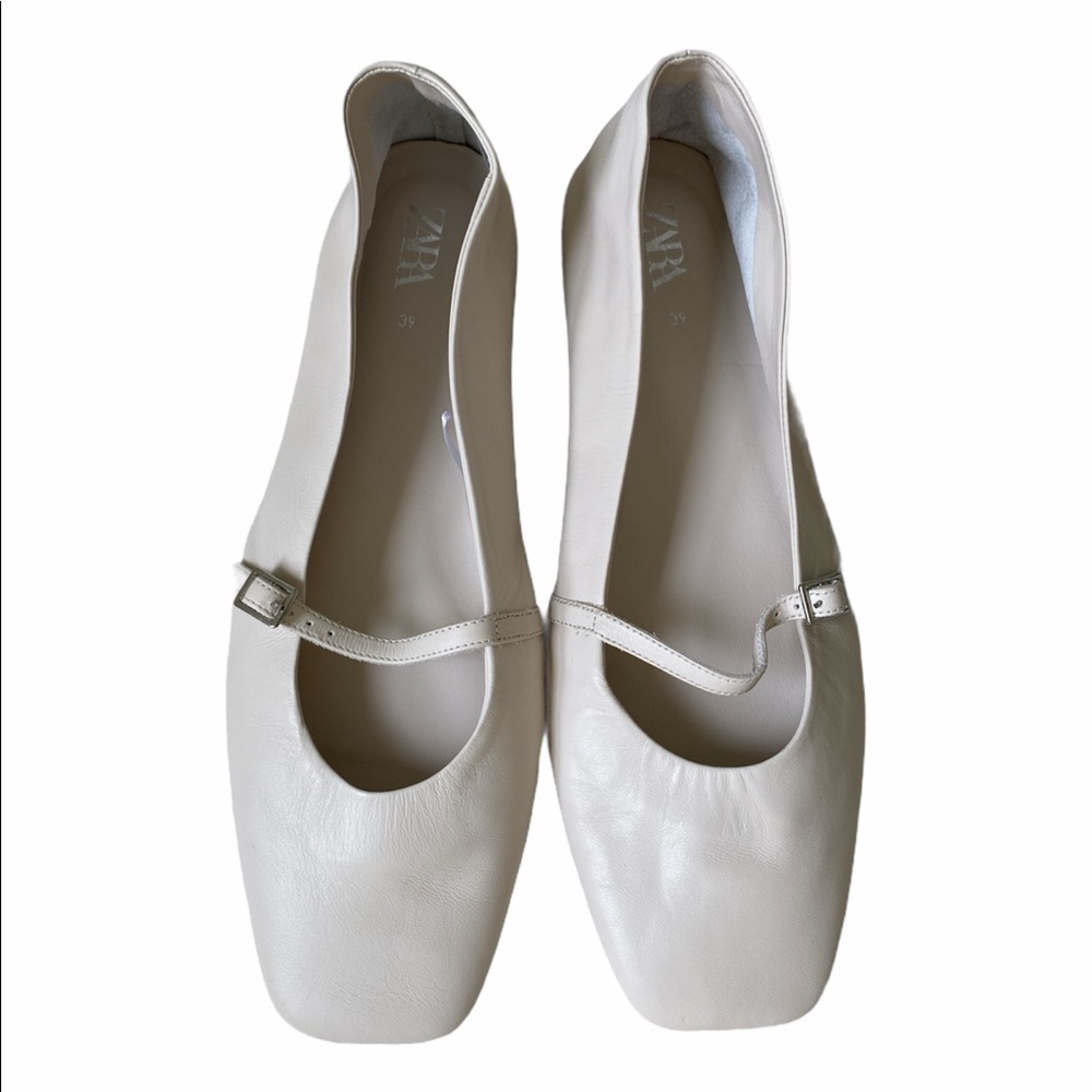 Zara Off-White Leather Square Toe Ballet Flats